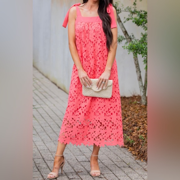 Renee C. Dresses & Skirts - Renee C Coral Pink Lace Midi Tie-Strap Dress Size L